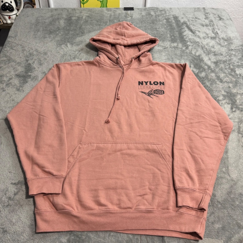 Hey Dude Nylon House Graphic Hoodie Mens Medium Pink Butterfly Pullover Sweater